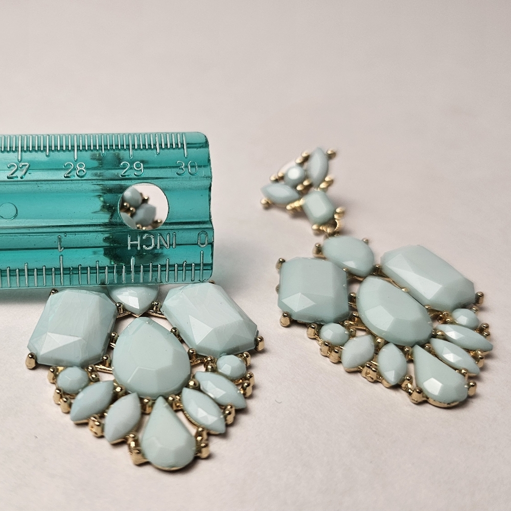 Dangle Earrings ■□ Gold Toned □■ Studded Blue Gem Stones - Picture 9 of 12
